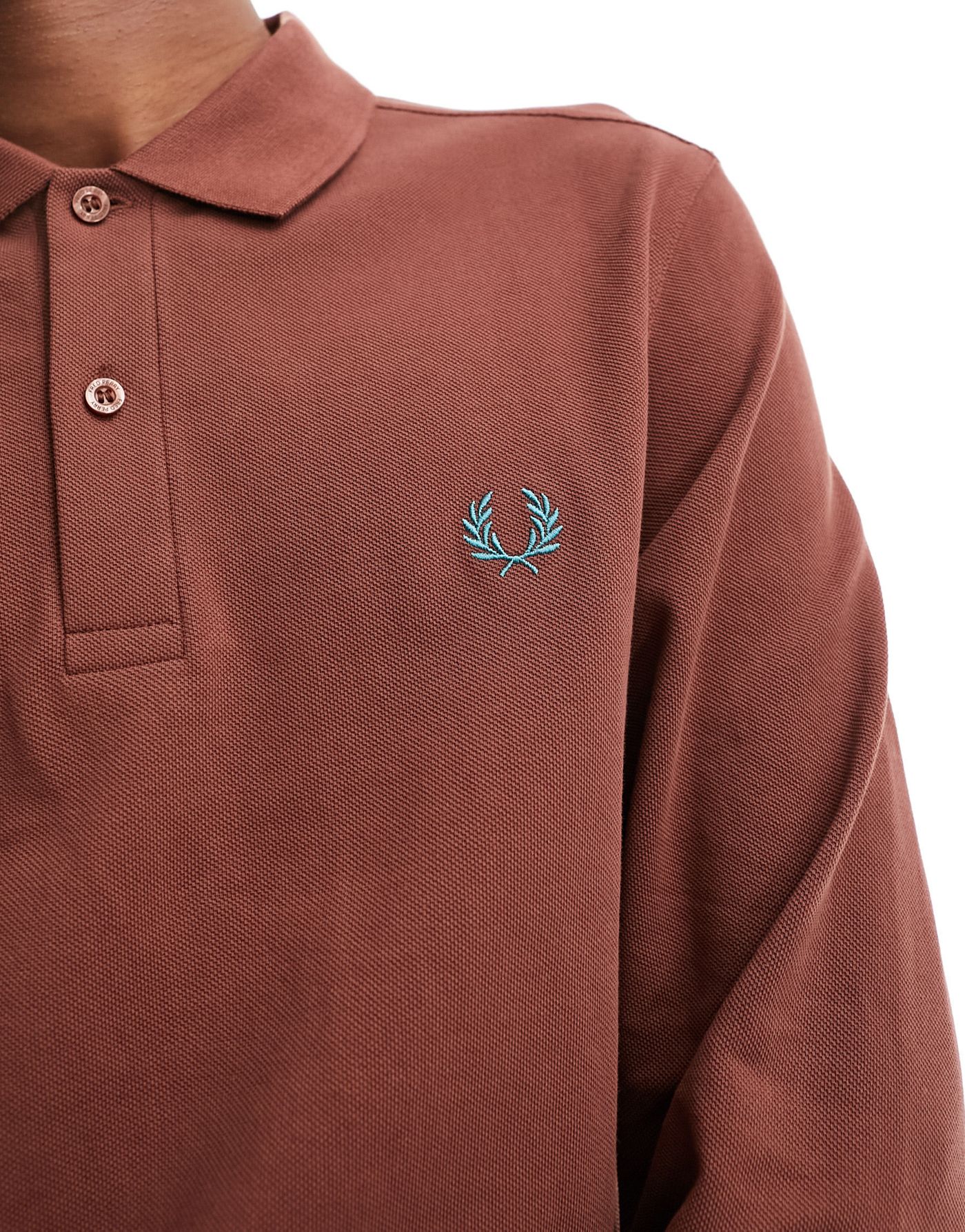 Fred Perry long sleeve logo polo in whisky brown 