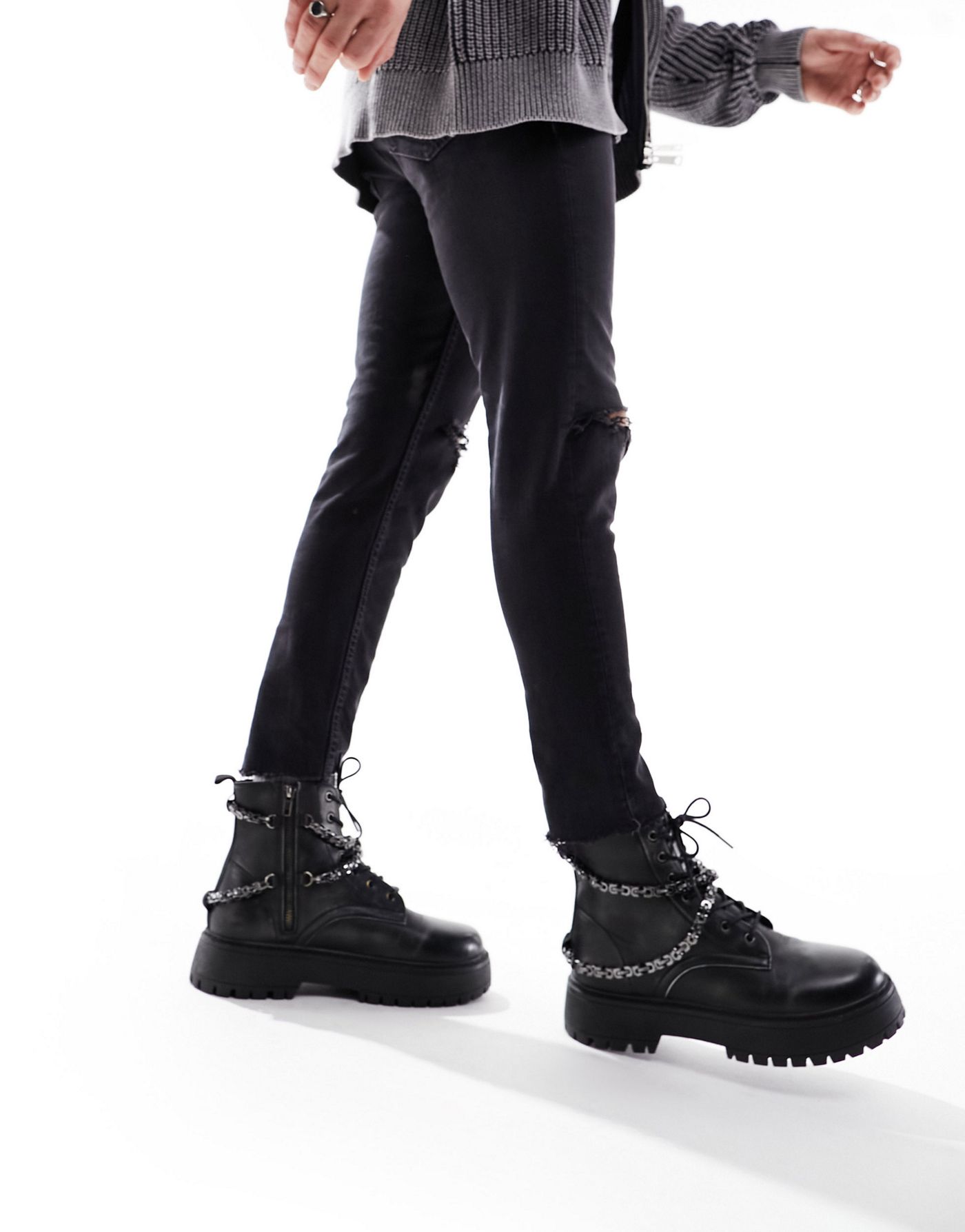 ASOS DESIGN lace up boot in black faux leather with chunky sole and studs
