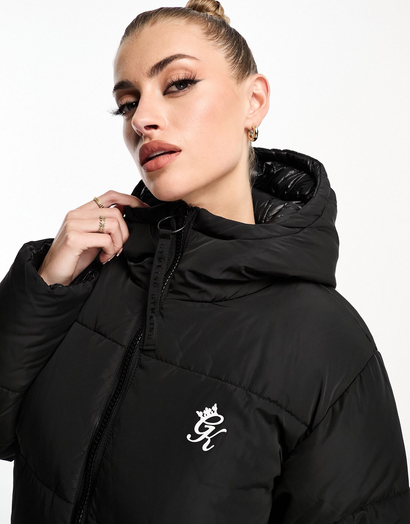 Gym King longline reversible puffer jacket in black and high shine 