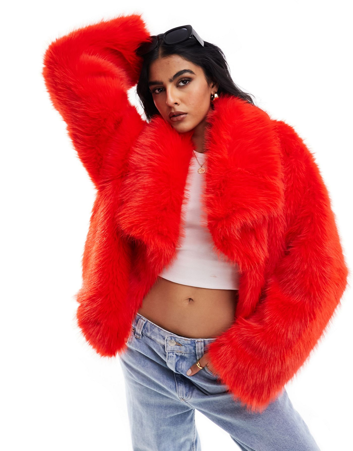 ASOS DESIGN cropped fur coat in red