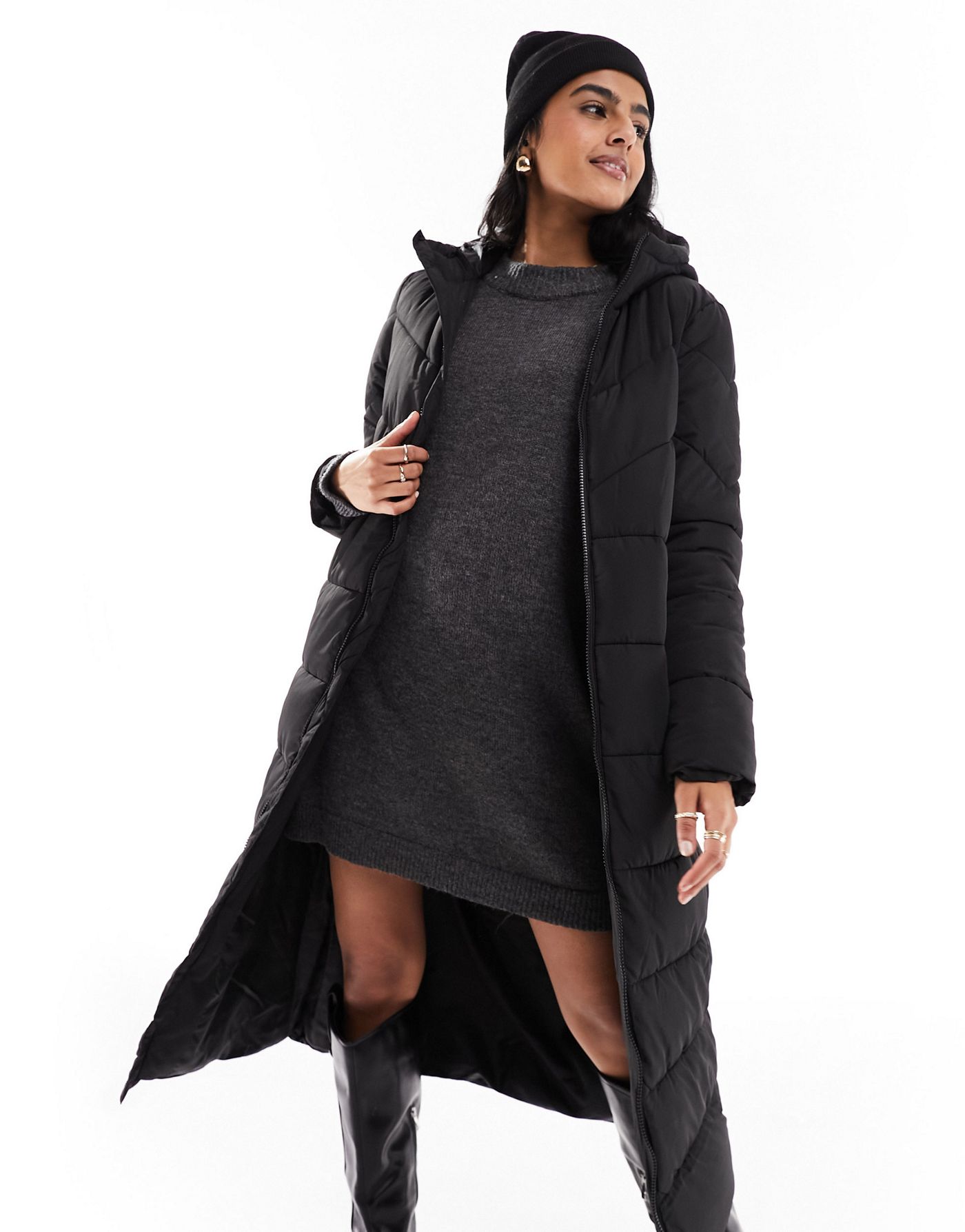Noisy May longline padded coat with hood in black