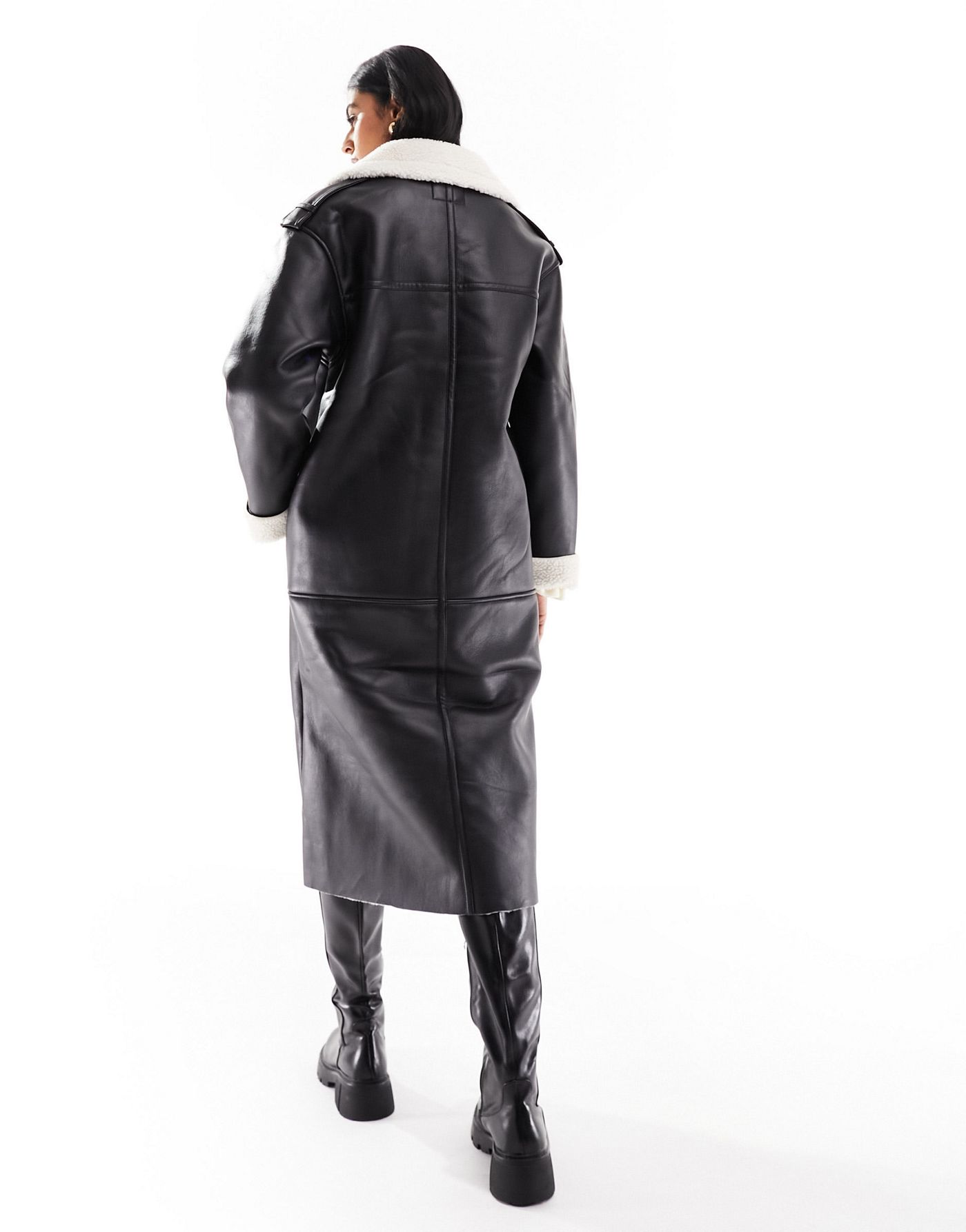 Only faux leather longline aviator coat in black 