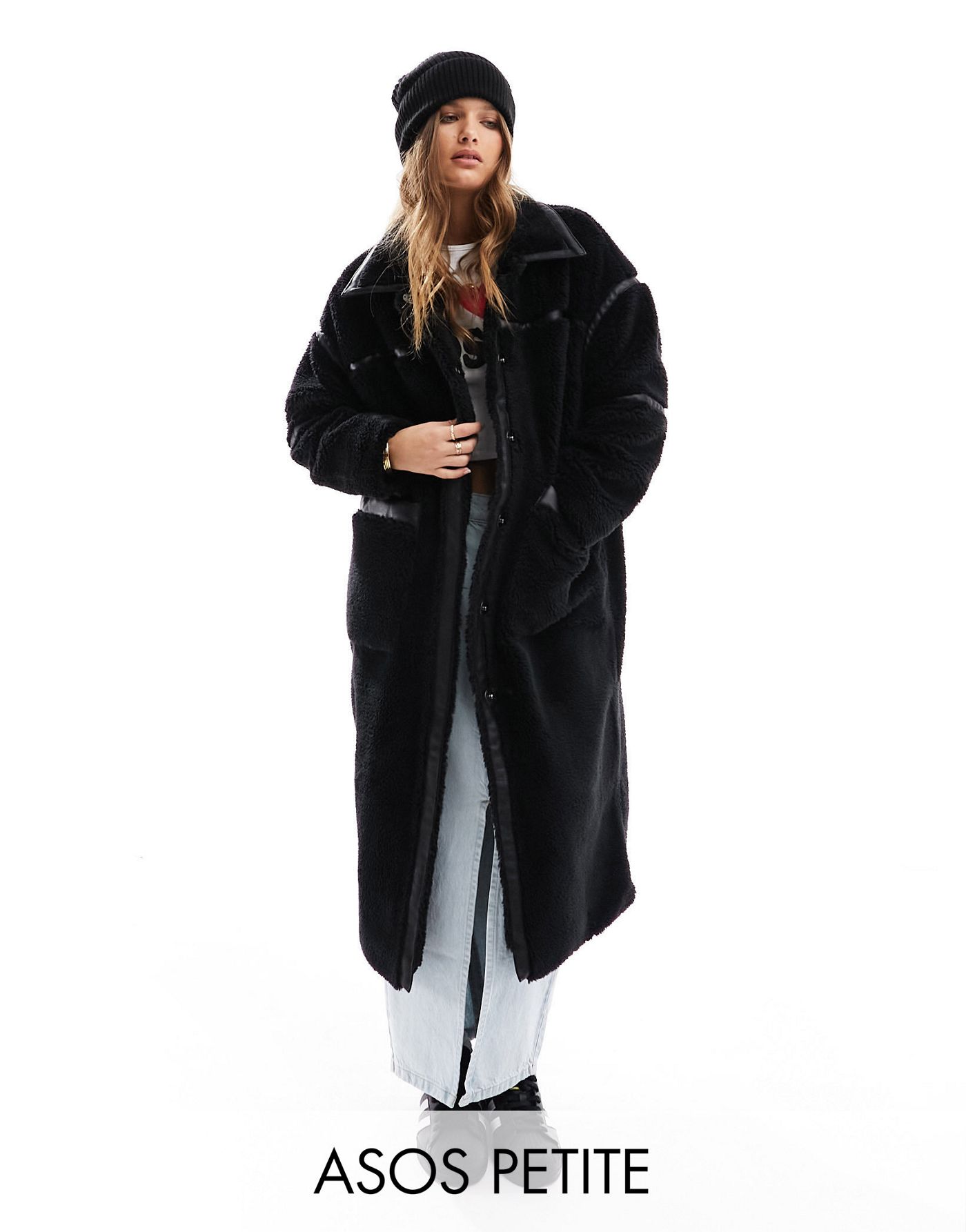 Only Petite longline faux shearling coat in black