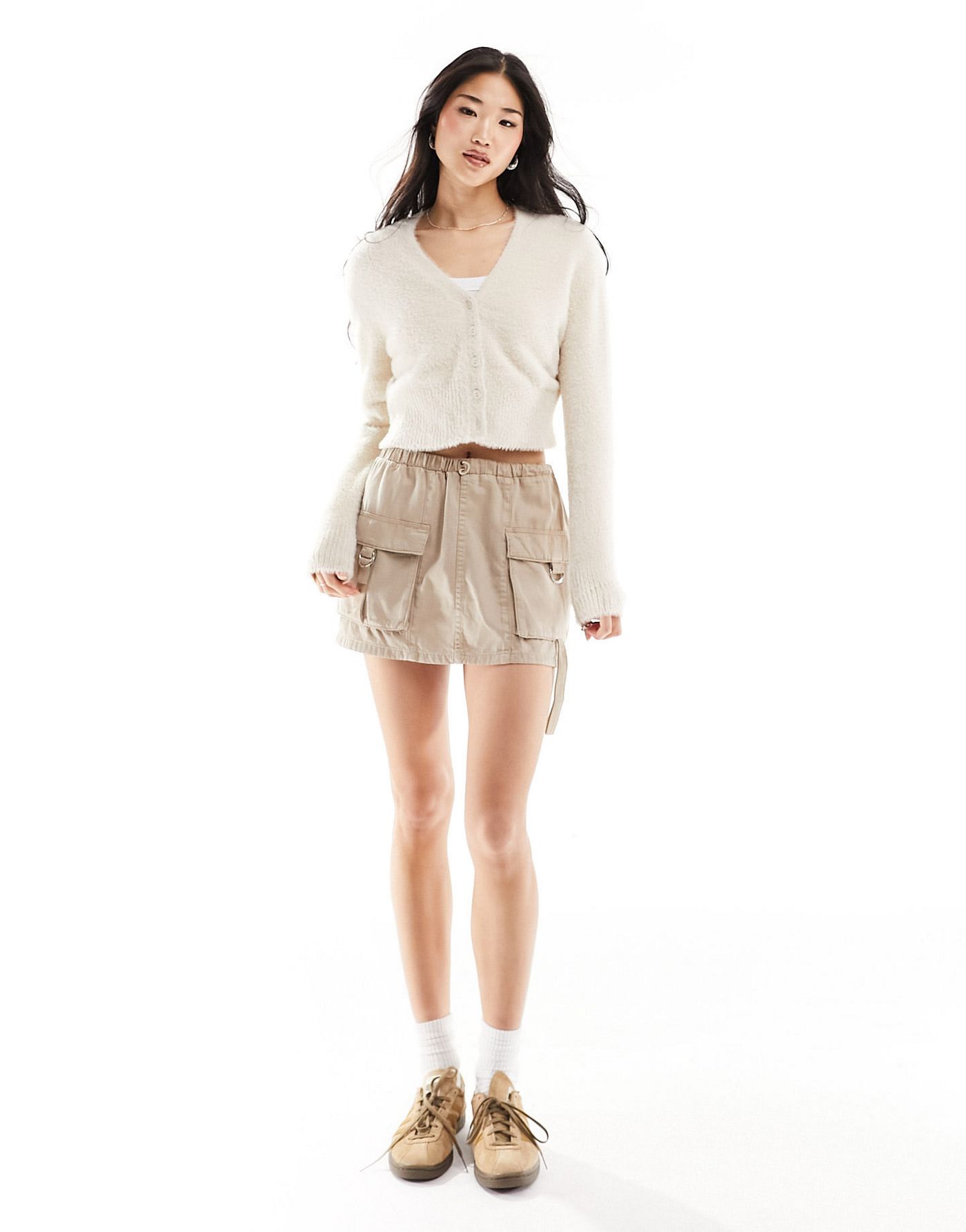 Bershka fluffy knit cardigan in sand