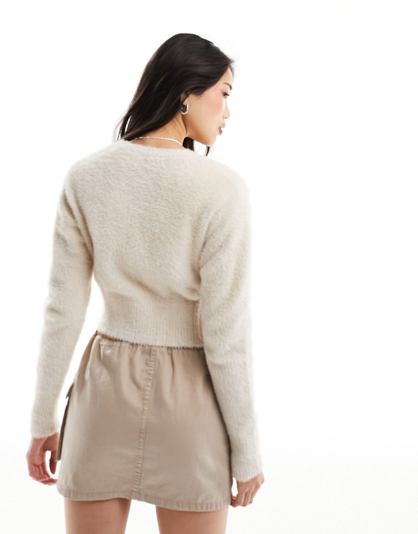 Bershka fluffy knit cardigan in sand