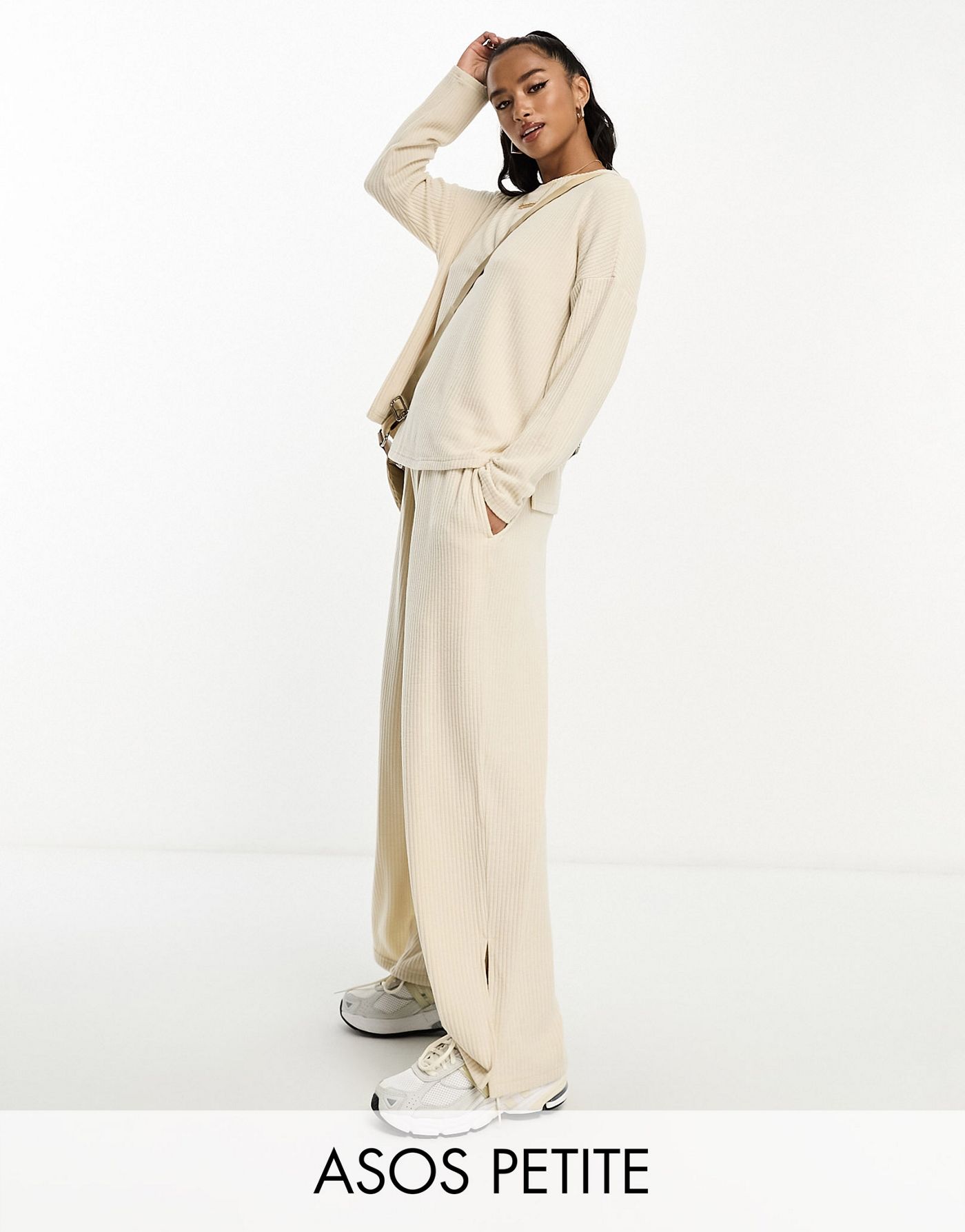 ASOS DESIGN Petite lounge soft touch rib sweat & trouser set in cream