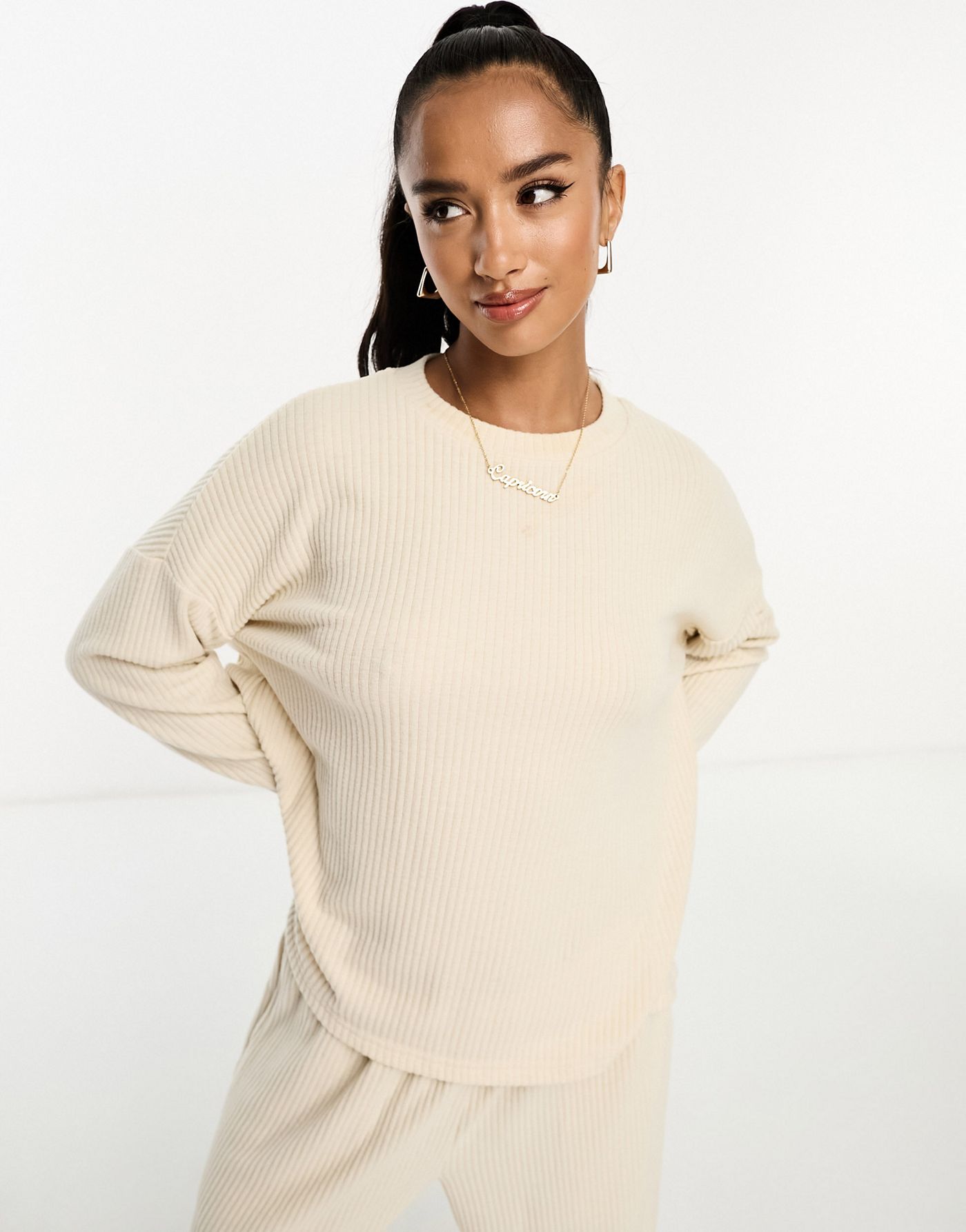 ASOS DESIGN Petite lounge soft touch rib sweat & trouser set in cream