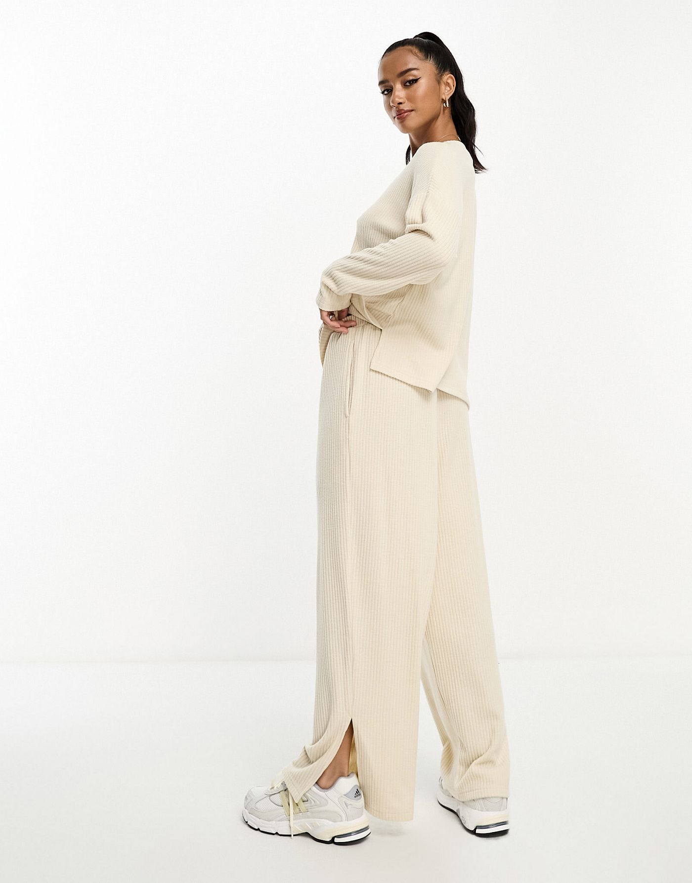 ASOS DESIGN Petite lounge soft touch rib sweat & trouser set in cream