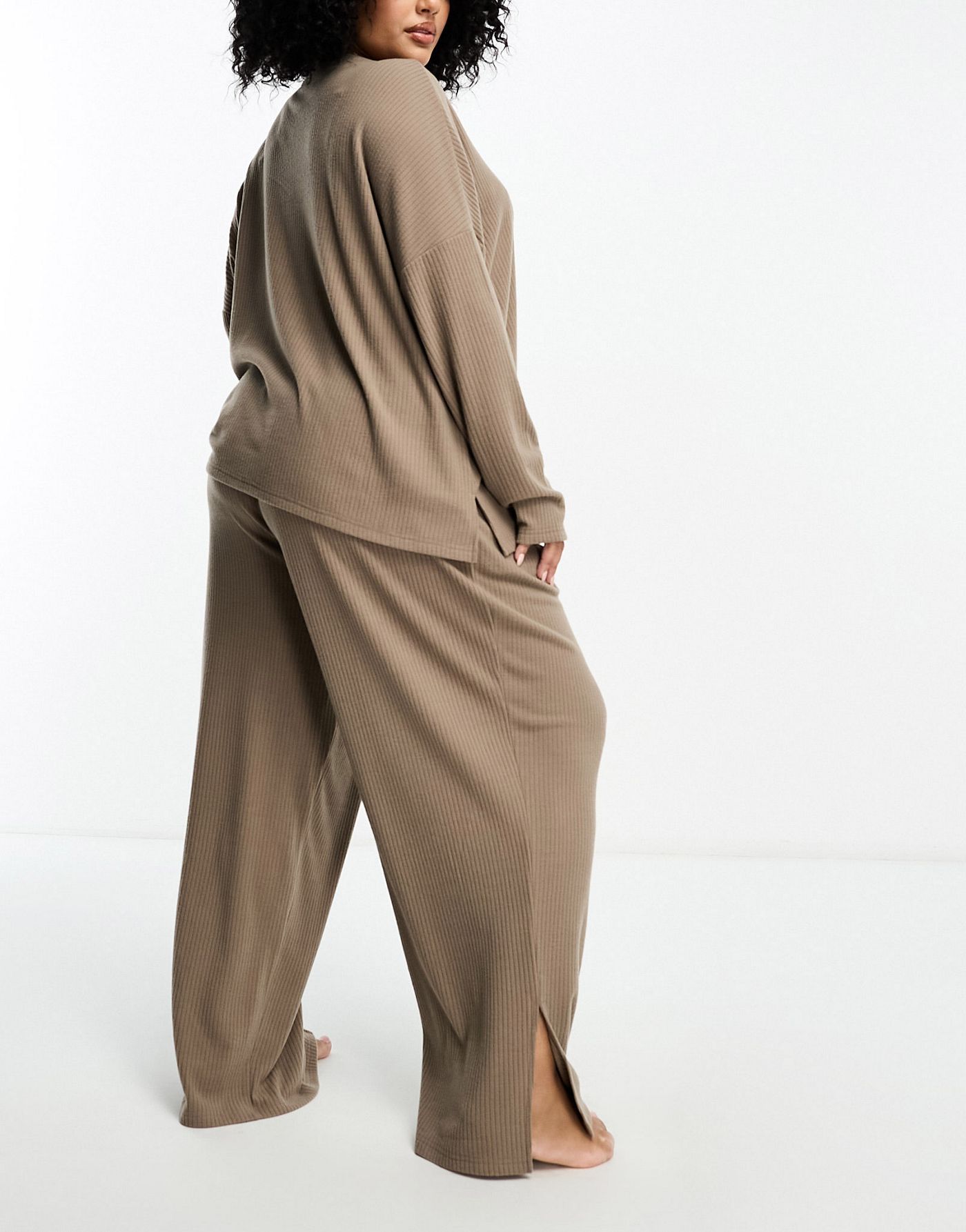 ASOS DESIGN Curve lounge soft touch rib sweat & trouser set in brown