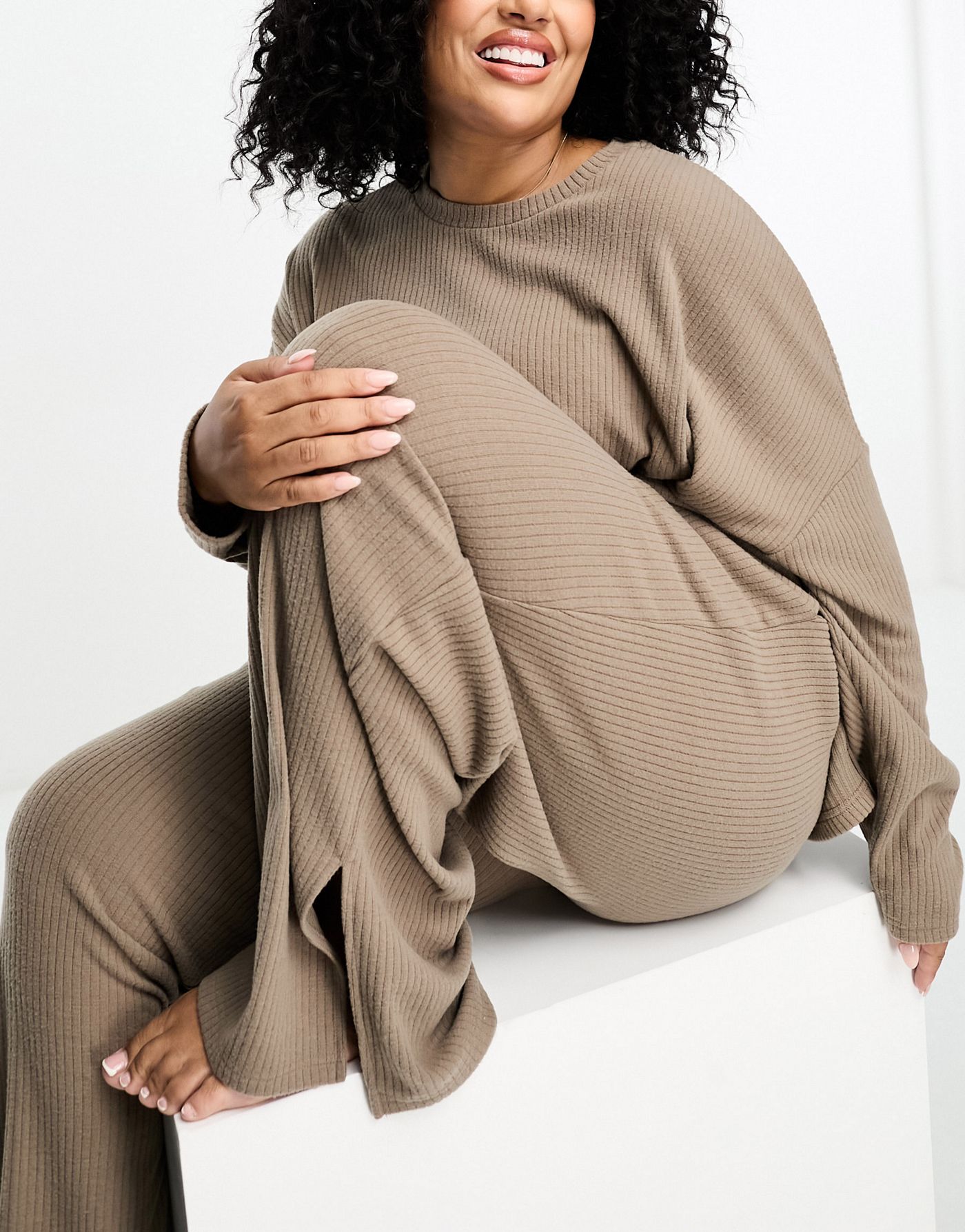 ASOS DESIGN Curve lounge soft touch rib sweat & trouser set in brown