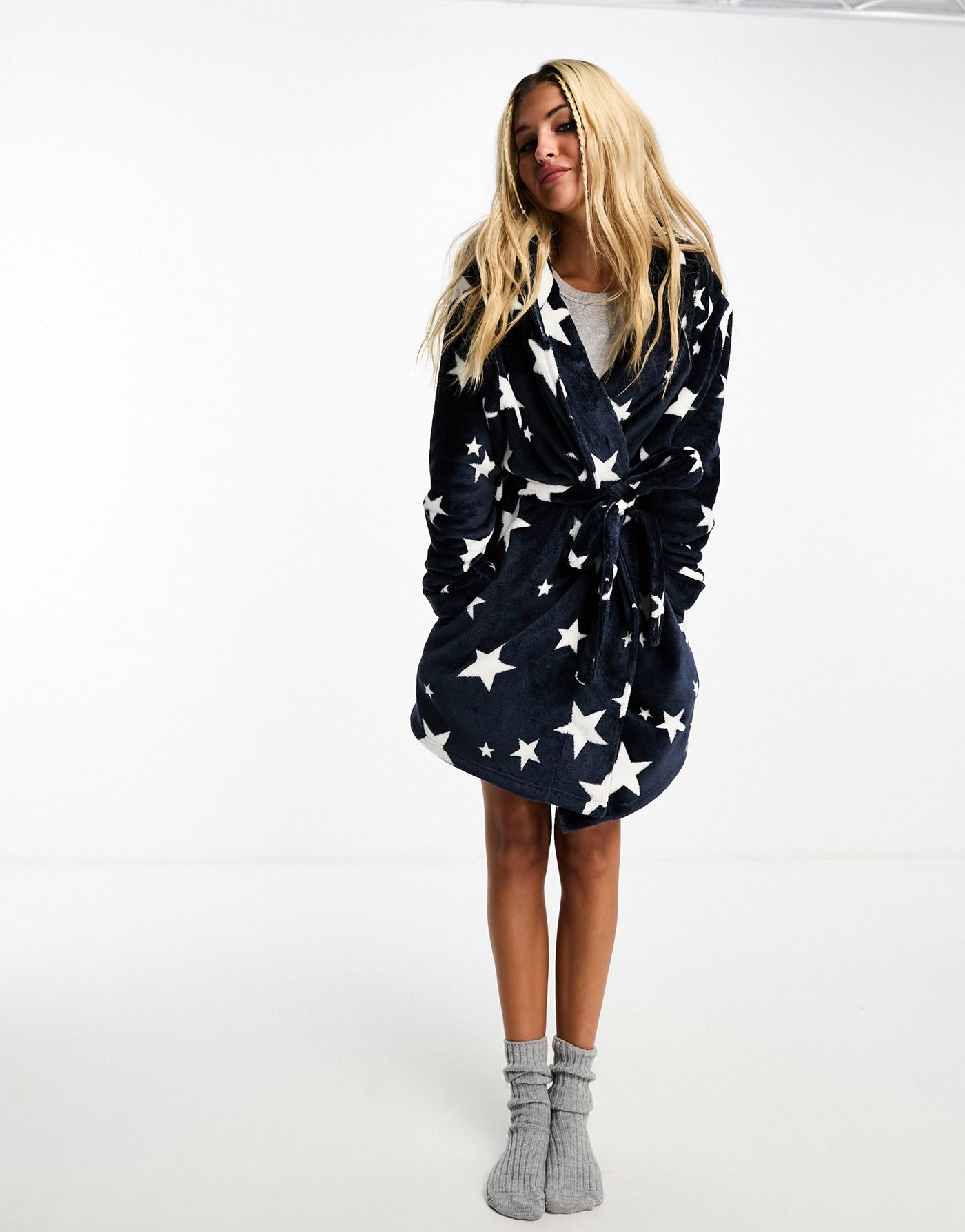 ASOS DESIGN super soft star fleece mini robe in dark blue