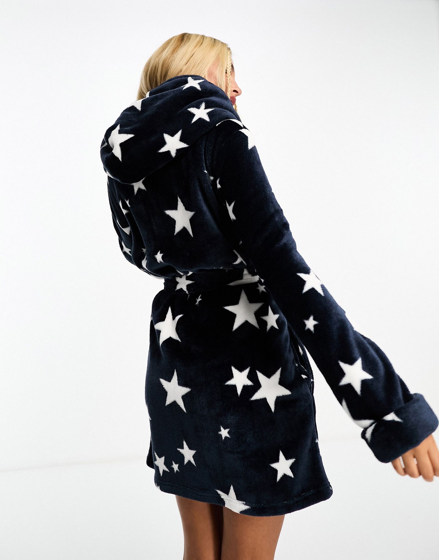 ASOS DESIGN super soft star fleece mini robe in dark blue