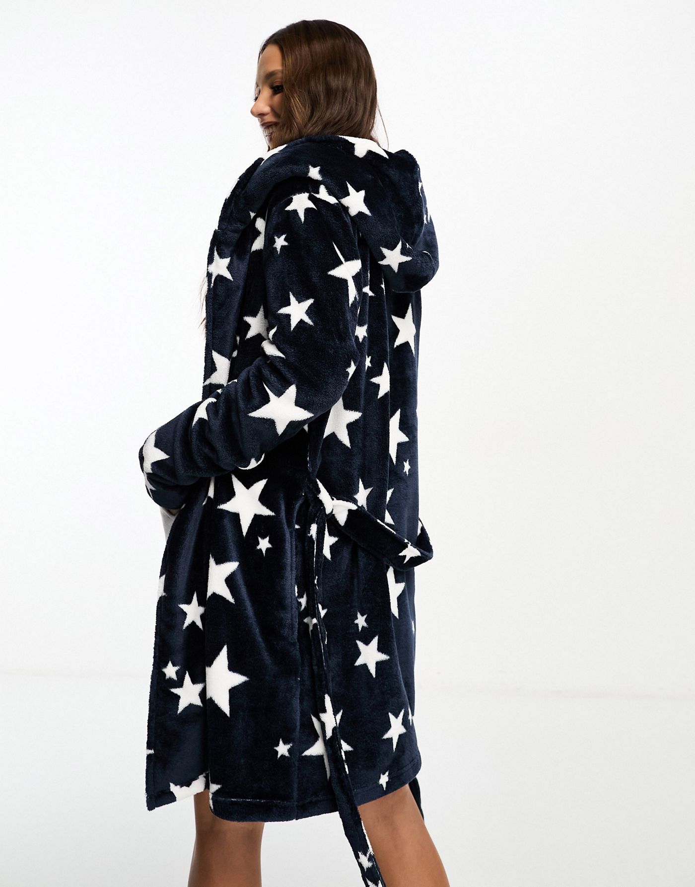 ASOS DESIGN Tall super soft star fleece mini robe in dark blue