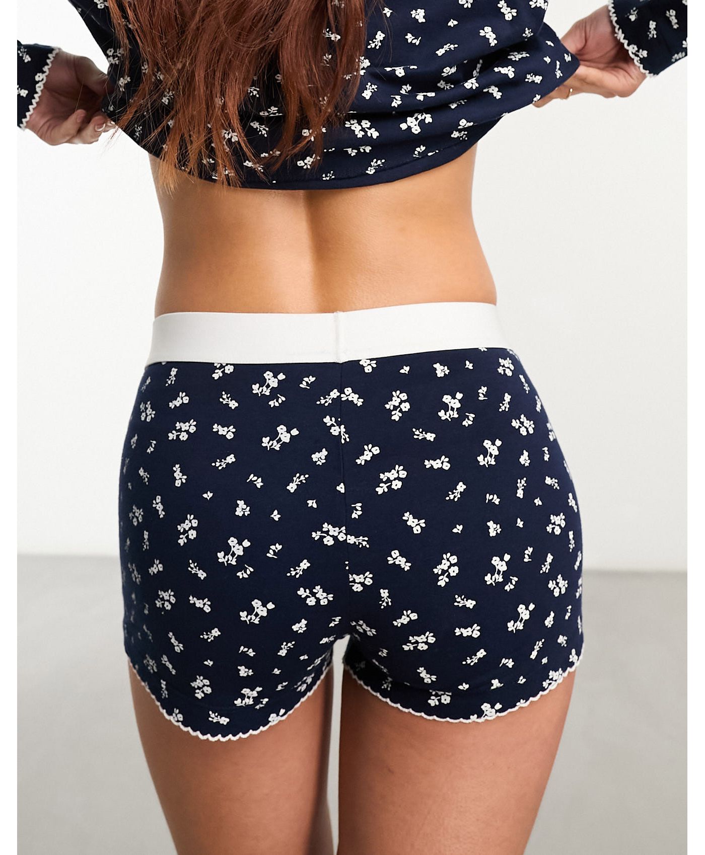 ASOS DESIGN mix & match ditsy print pyjama short with exposed waistband and picot trim in navy