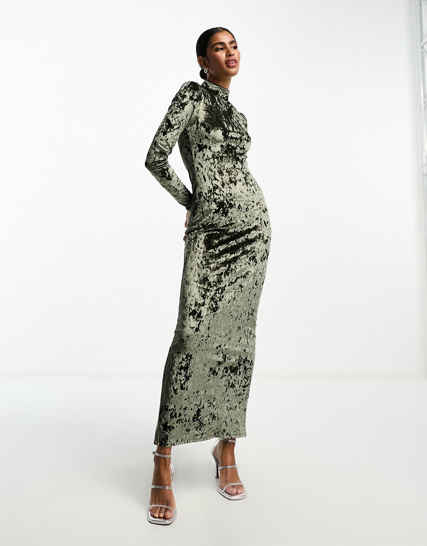 ASOS DESIGN high neck velour maxi dress with long sleeve in khaki