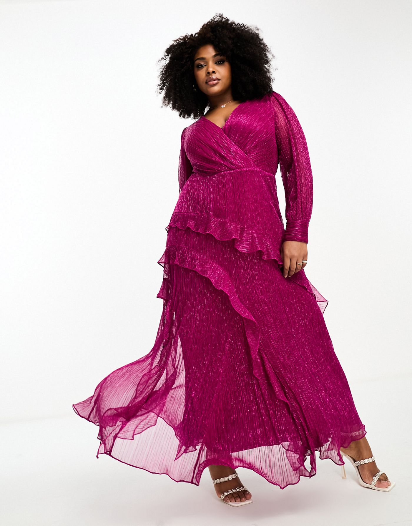 Forever New Curve sheer sleeve cut-out plisse maxi dress in hot pink