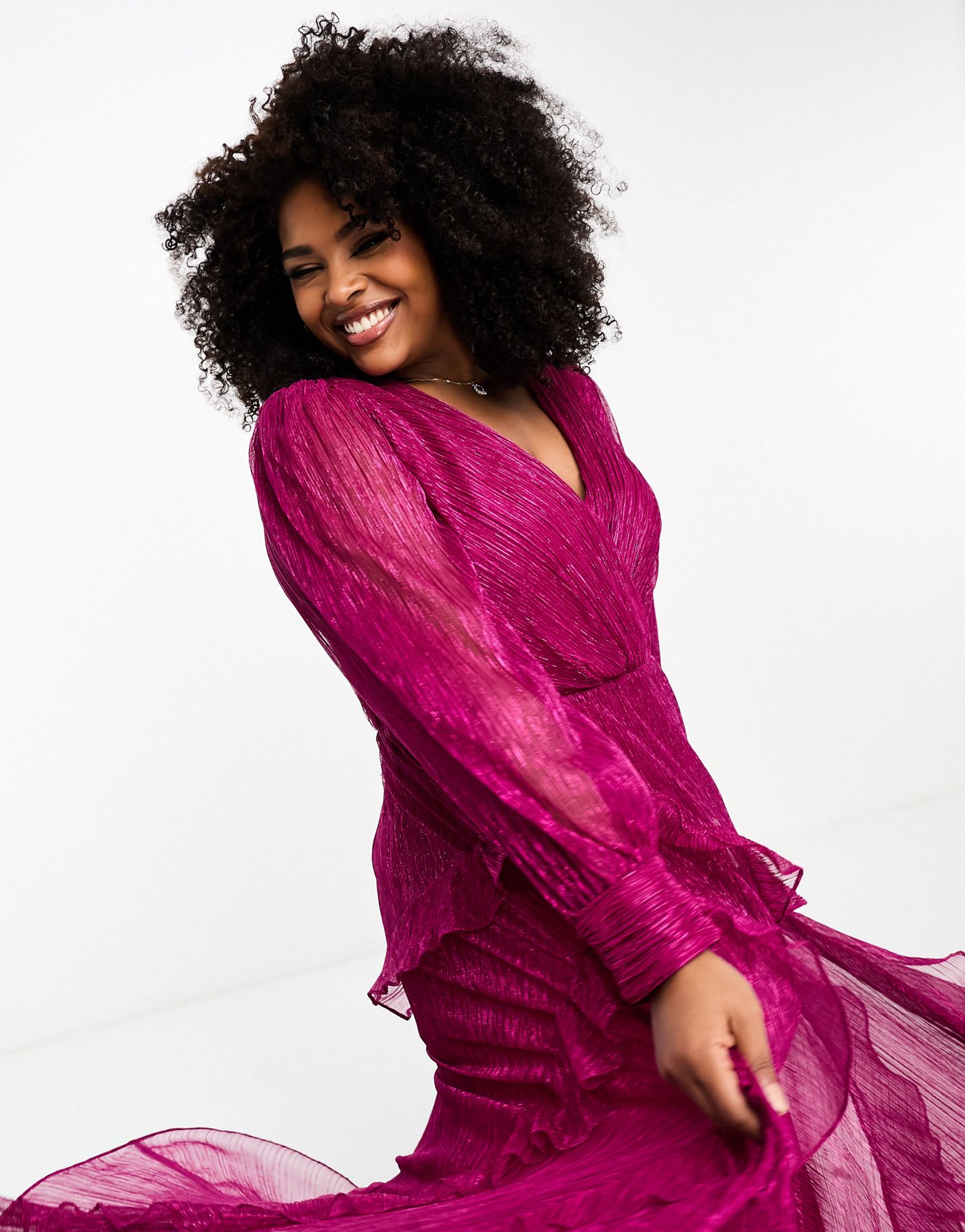 Forever New Curve sheer sleeve cut-out plisse maxi dress in hot pink