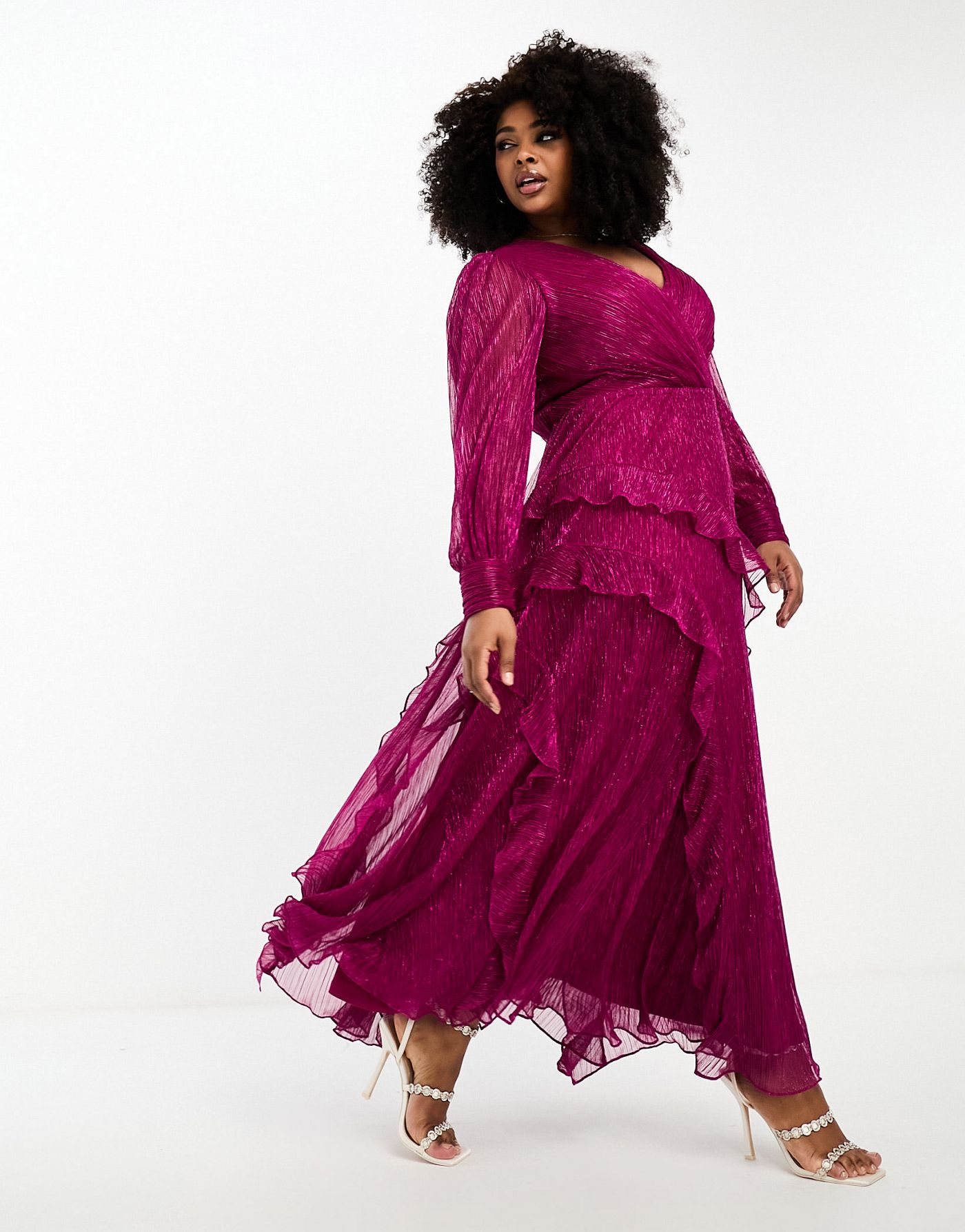 Forever New Curve sheer sleeve cut-out plisse maxi dress in hot pink