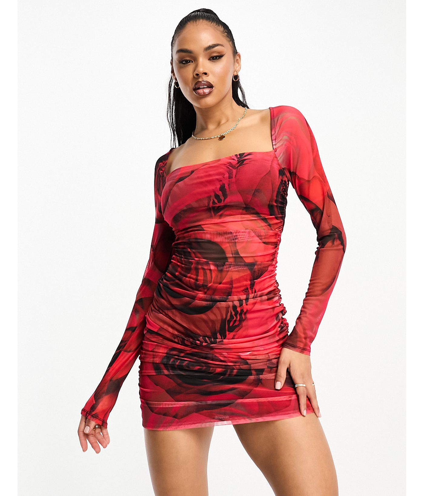 AFRM aneira long sleeve mini dress in rose printed mesh