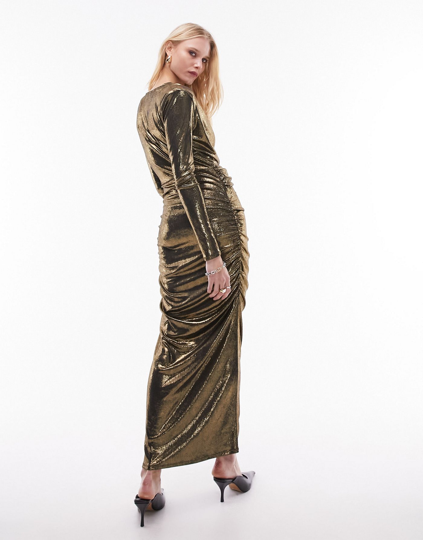 Topshop long sleeve drape side maxi dress in metallic gold