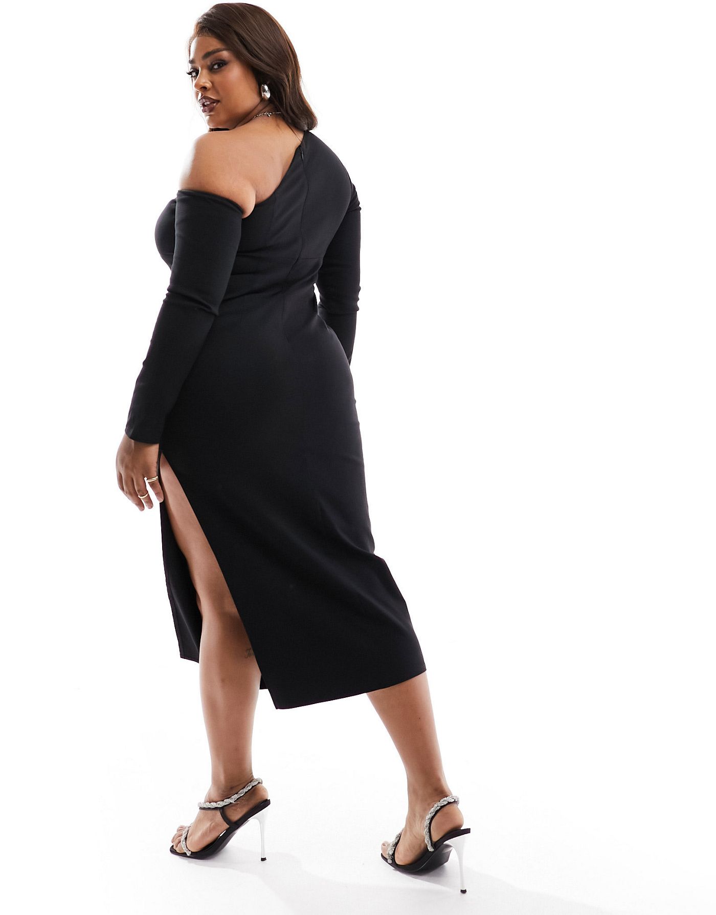 ASOS DESIGN Curve Exclusive long sleeve assymmetric midi dress in black