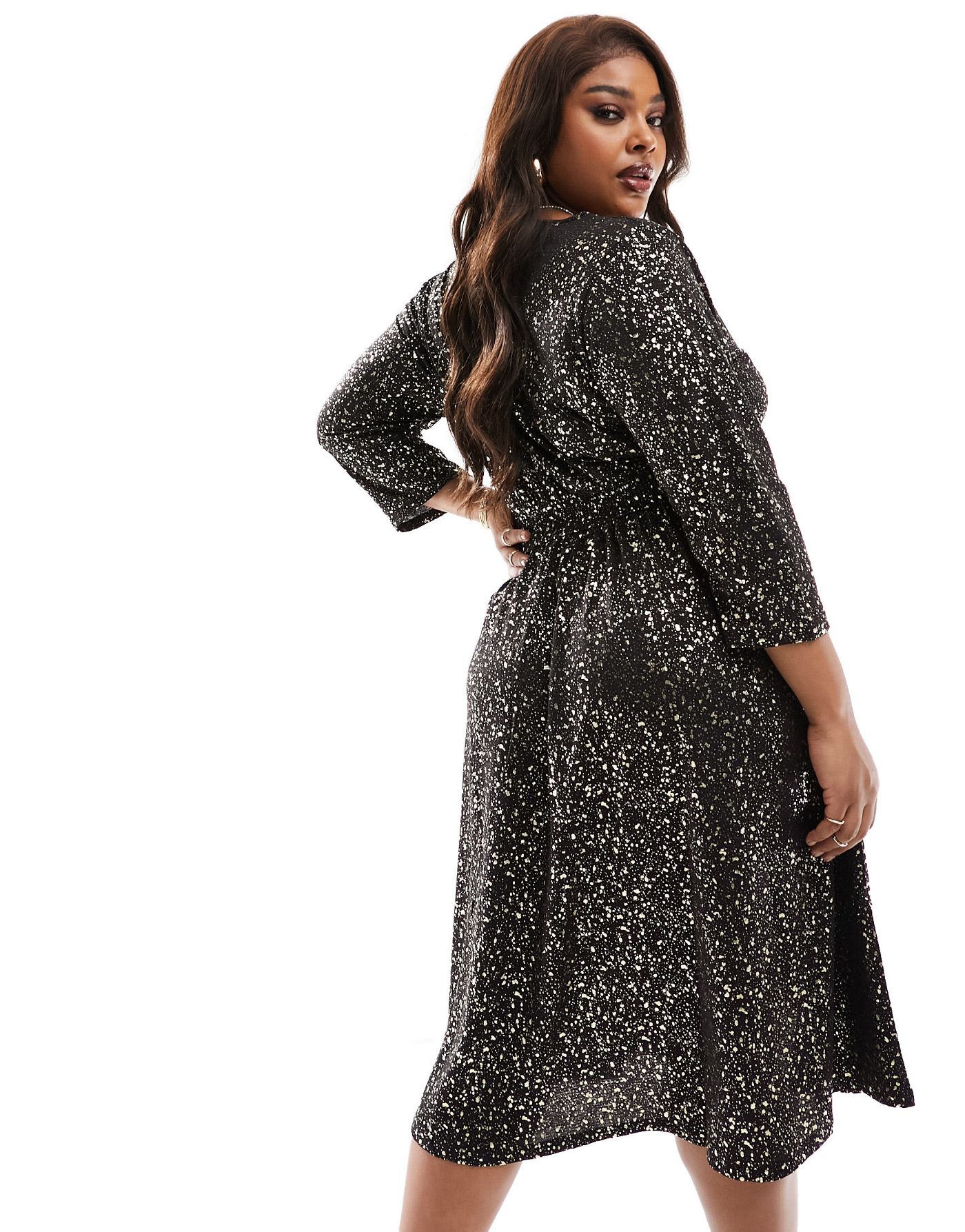 Only Curve wrap midi dress in black and gold