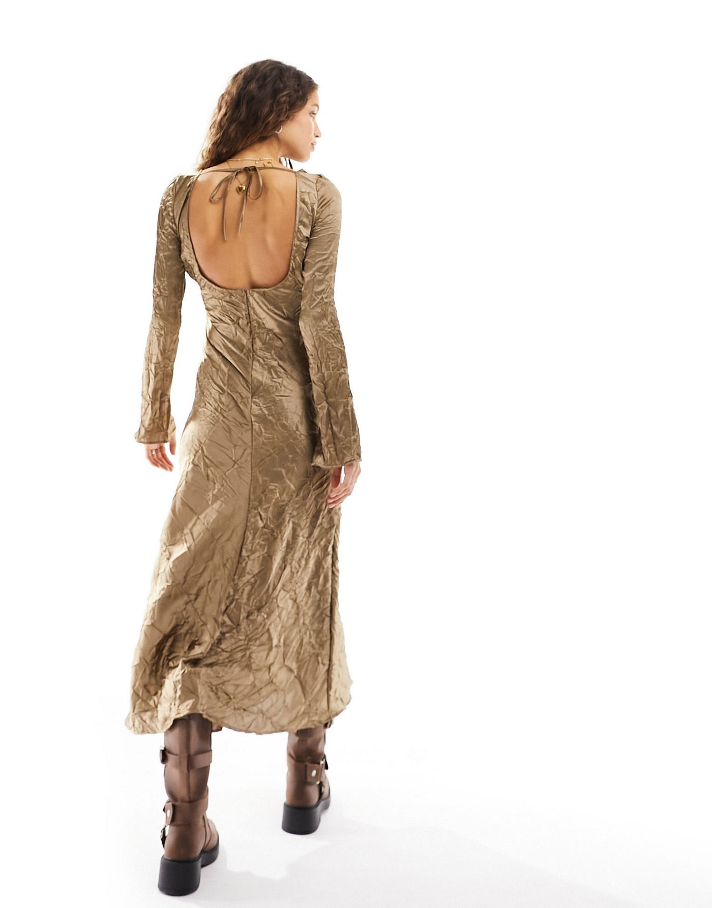 COLLUSION crinkle satin backless maxi dress in bronze 