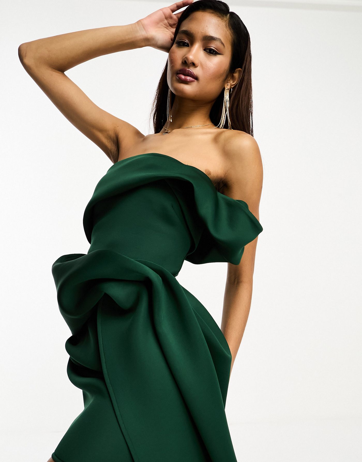 ASOS DESIGN one shoulder structured mini dress with train detail in forest green