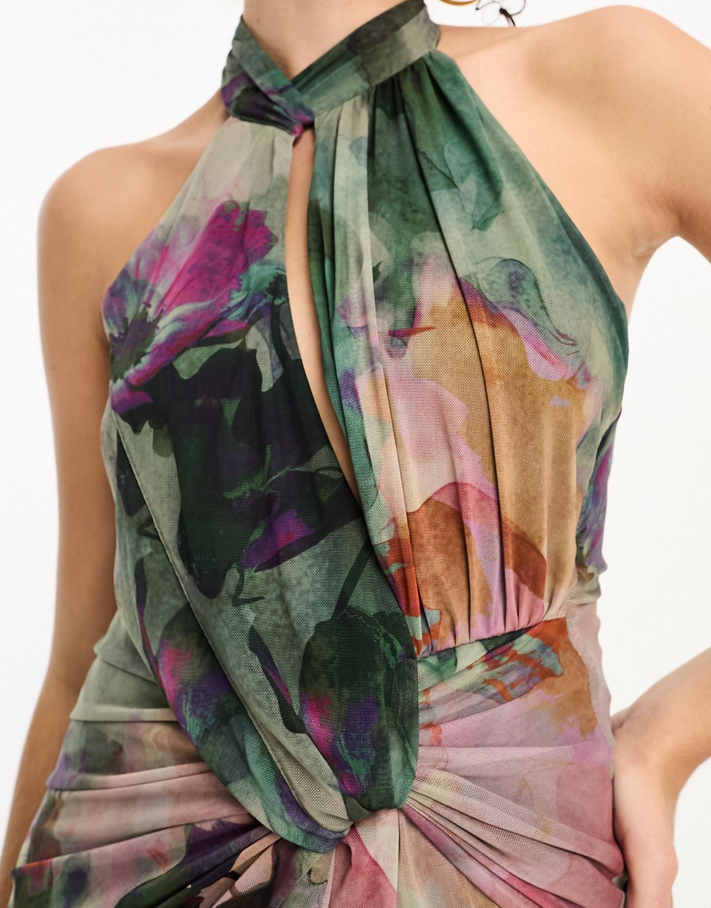 ASOS DESIGN Tall halter neck bodycon mesh midi dress in green floral print