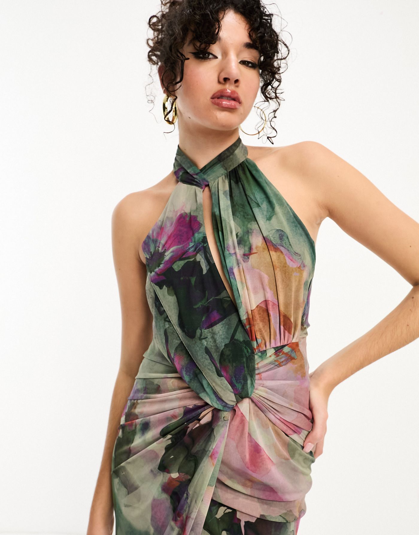 ASOS DESIGN Tall halter neck bodycon mesh midi dress in green floral print
