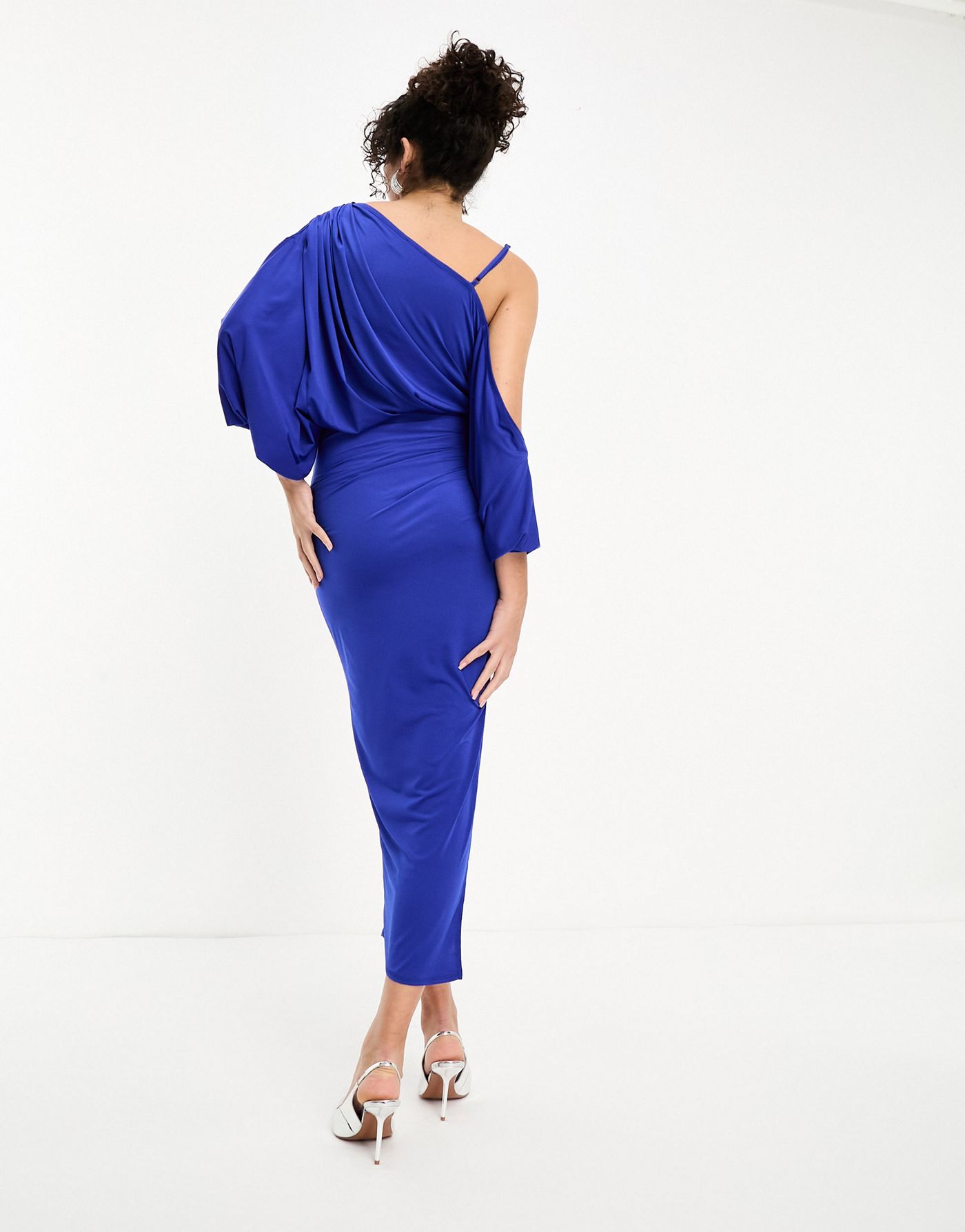 ASOS DESIGN Tall off shoulder grecian drape midi dress in cobalt blue