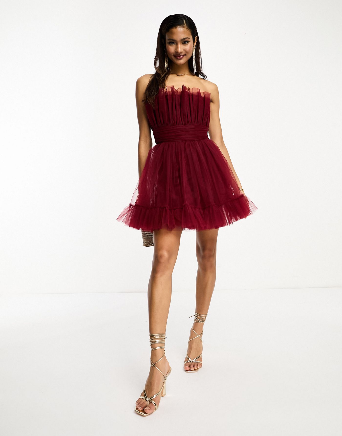 Lace & Beads bandeau tulle mini dress in astro dust