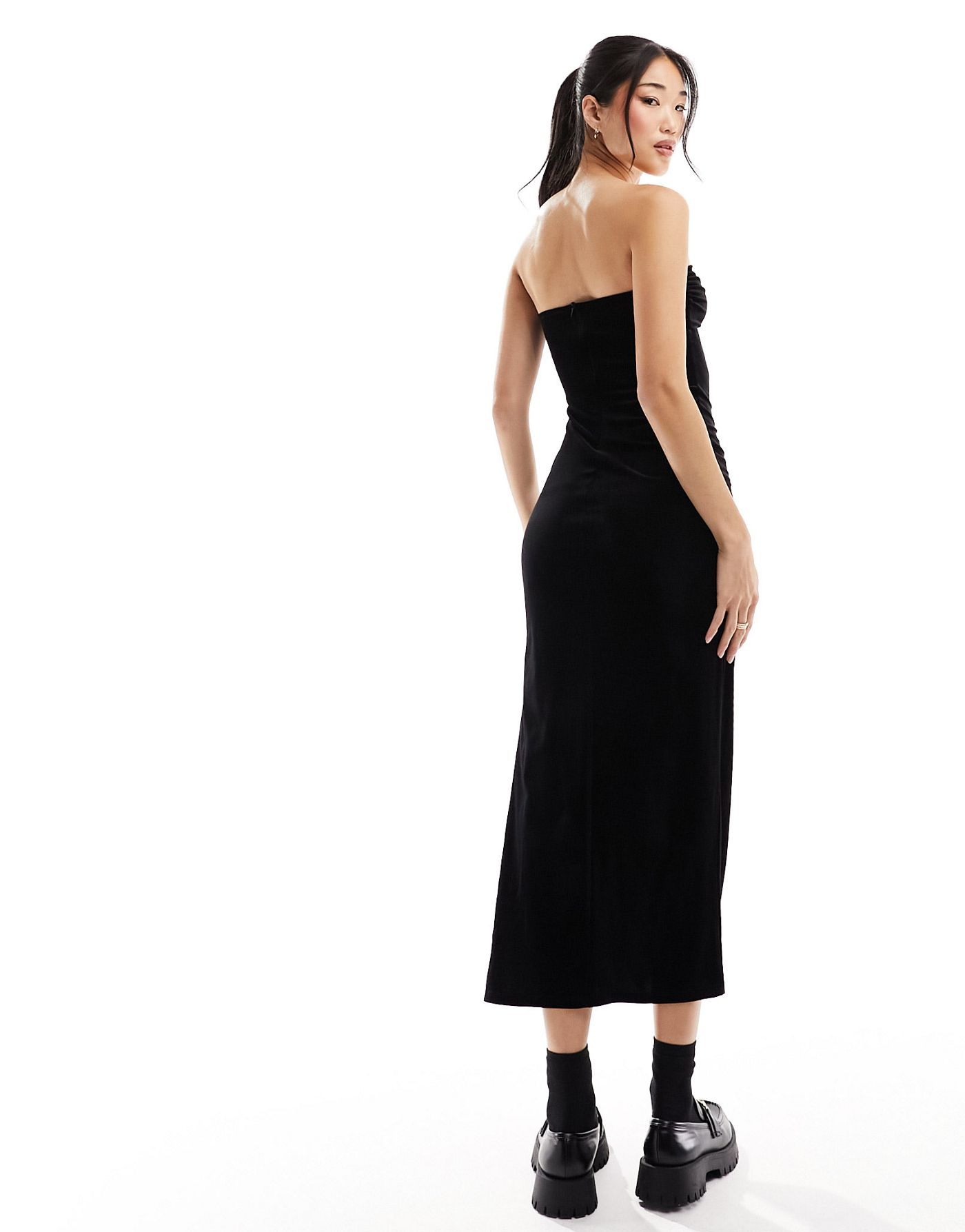 Bershka velvet bandeau midi dress in black