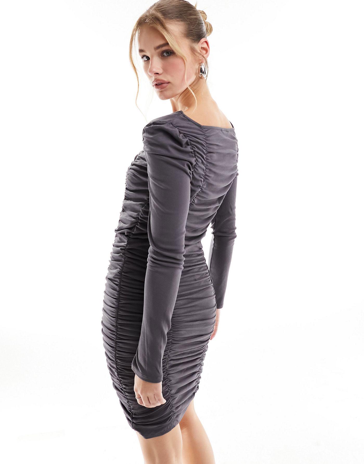 Object ruched jersey bodycon mini dress with square neck in grey