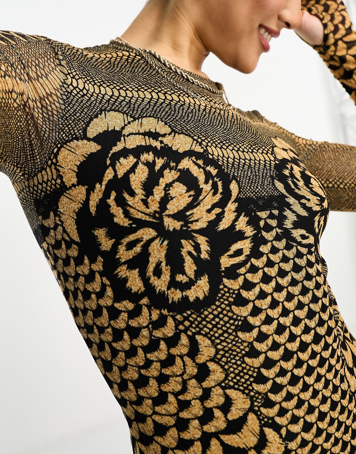 AFRM lasso mini dress in mesh with all over golden petal print