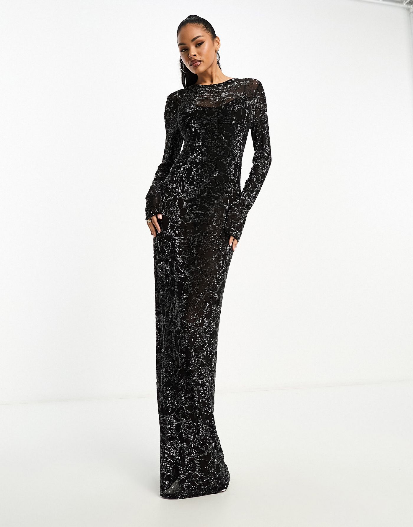 AFRM benito maxi dress in black mesh with rose rhinestone embellishment and removable body