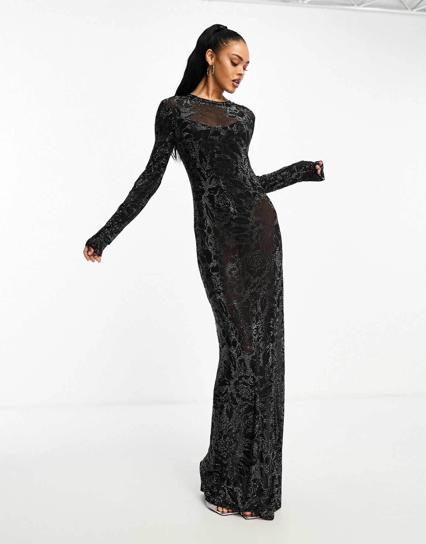 AFRM benito maxi dress in black mesh with rose rhinestone embellishment and removable body