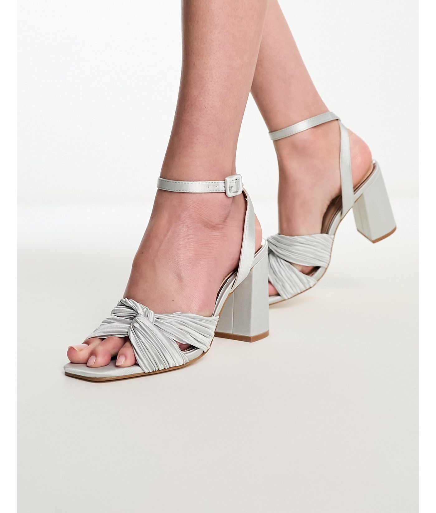 Be Mine Bridal Exclusive Snuggle plisse block heeled sandals in frosty silver satin