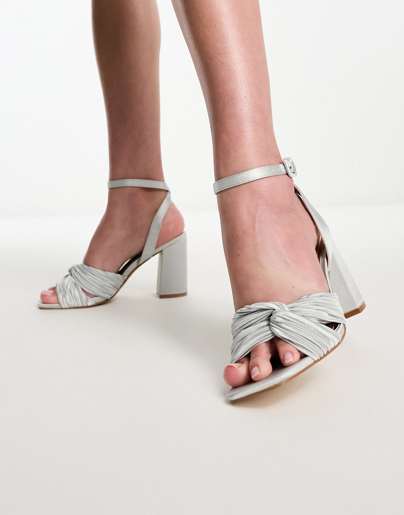 Be Mine Bridal Exclusive Snuggle plisse block heeled sandals in frosty silver satin