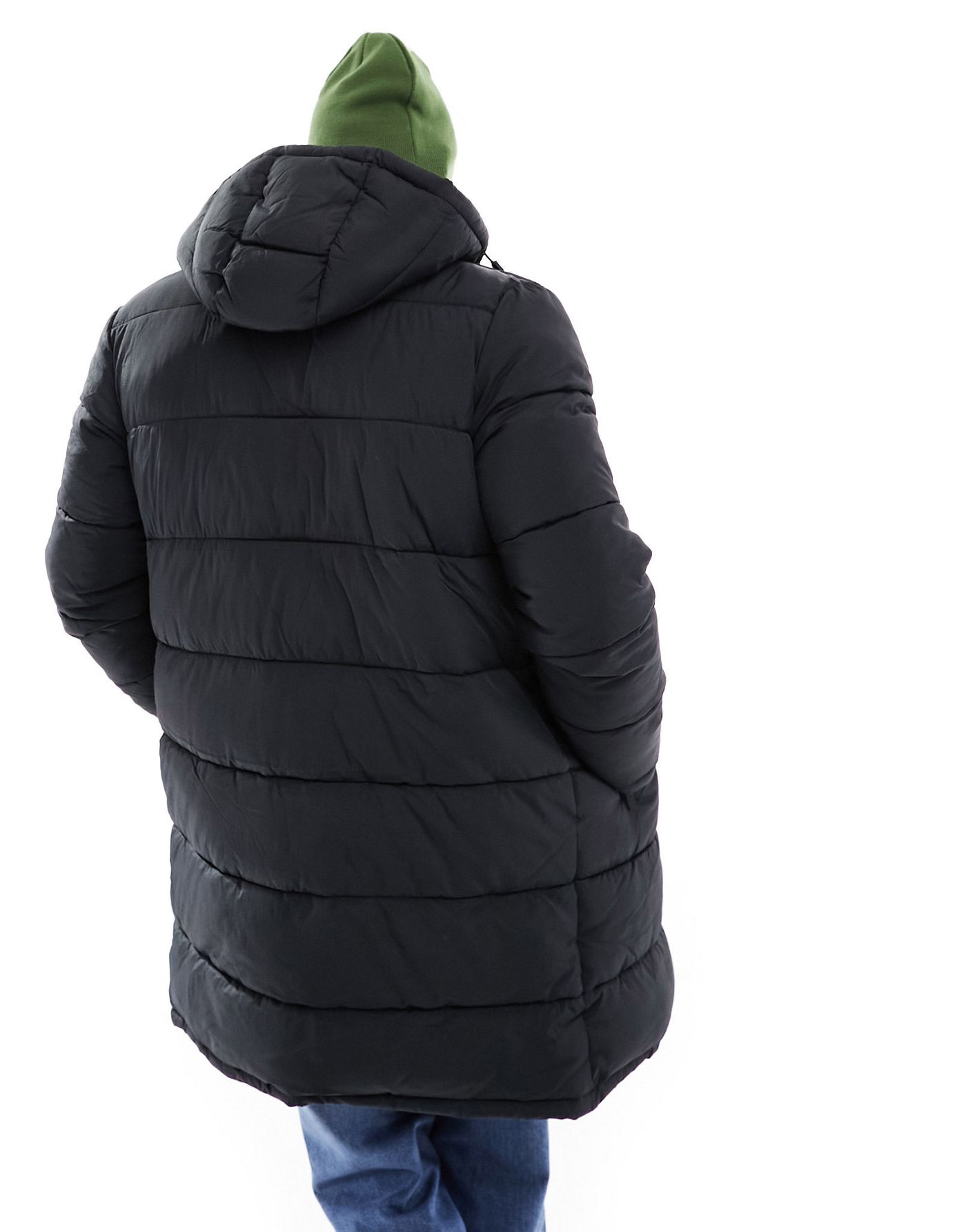 Selected Homme longline puffer jacket with hood in black