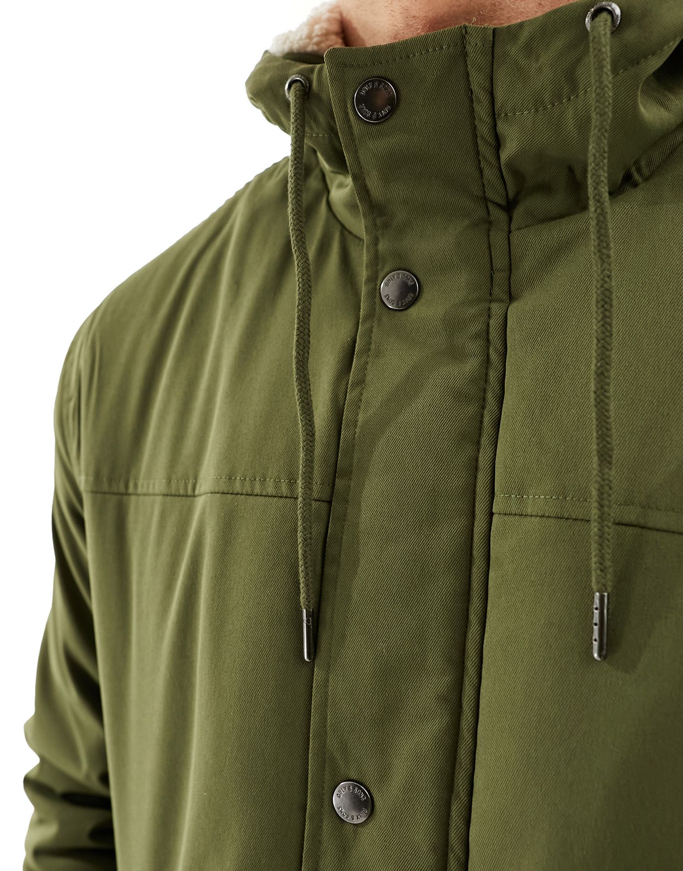 Only & Sons parka with borg lined hood in khaki
