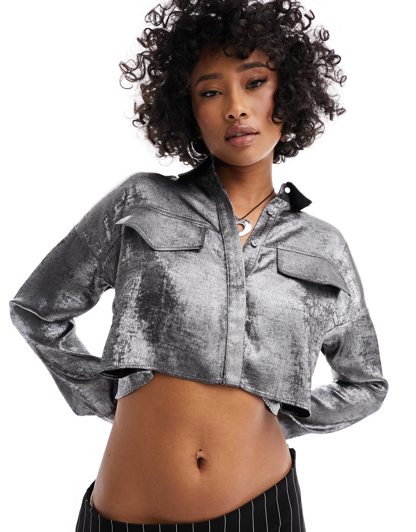 ASOS DESIGN crop tie back shirt in silver metallic