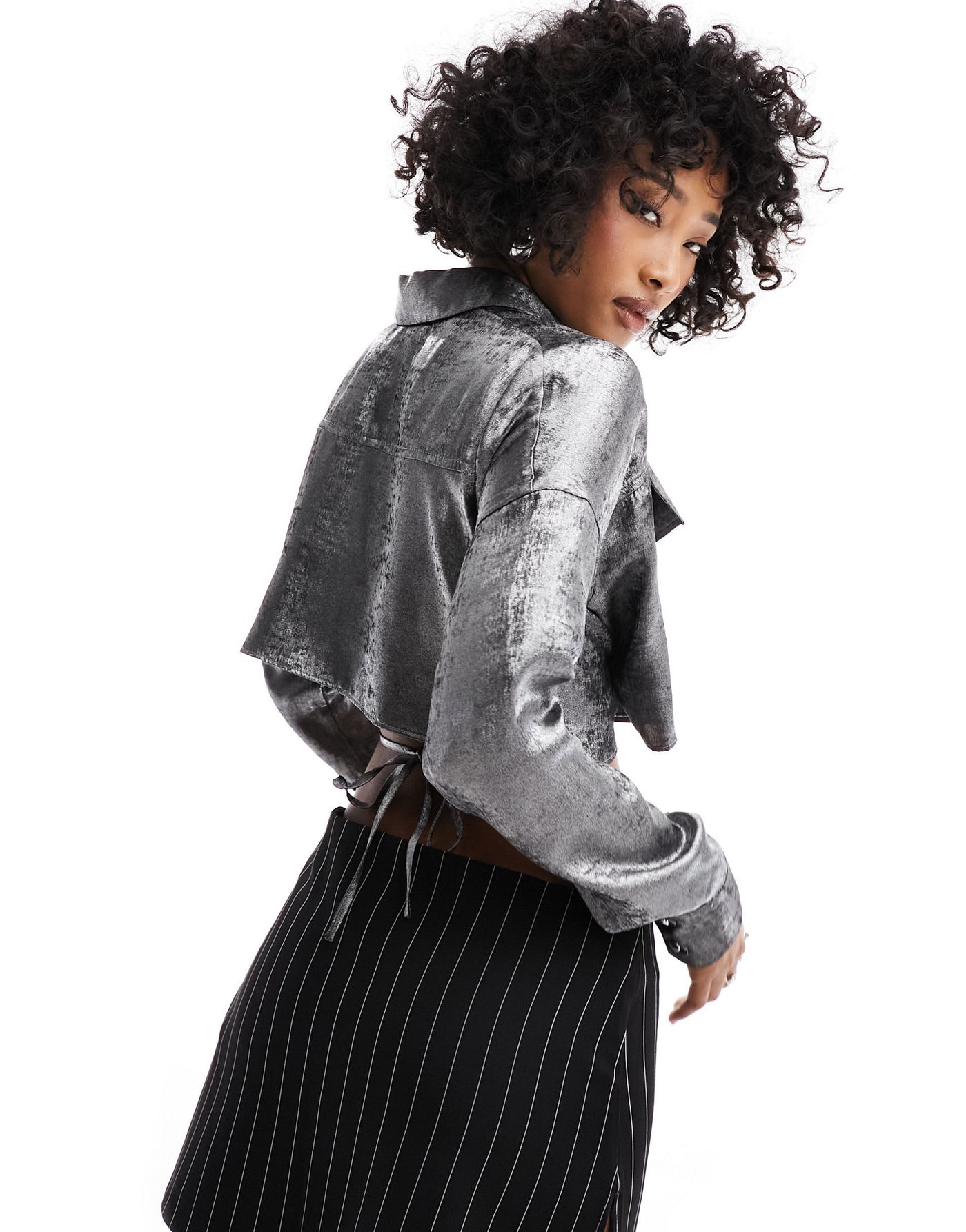 ASOS DESIGN crop tie back shirt in silver metallic