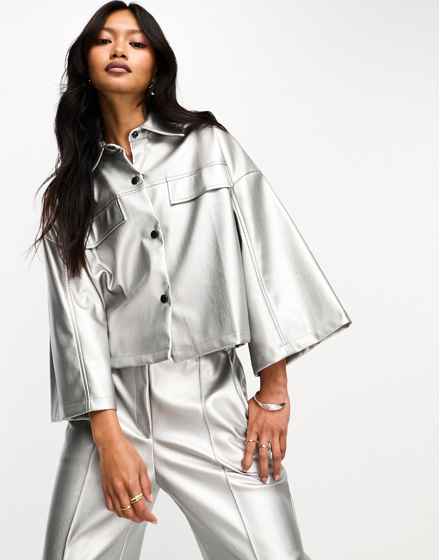 Closet London oversized metallic utility shirt co-ord in silver