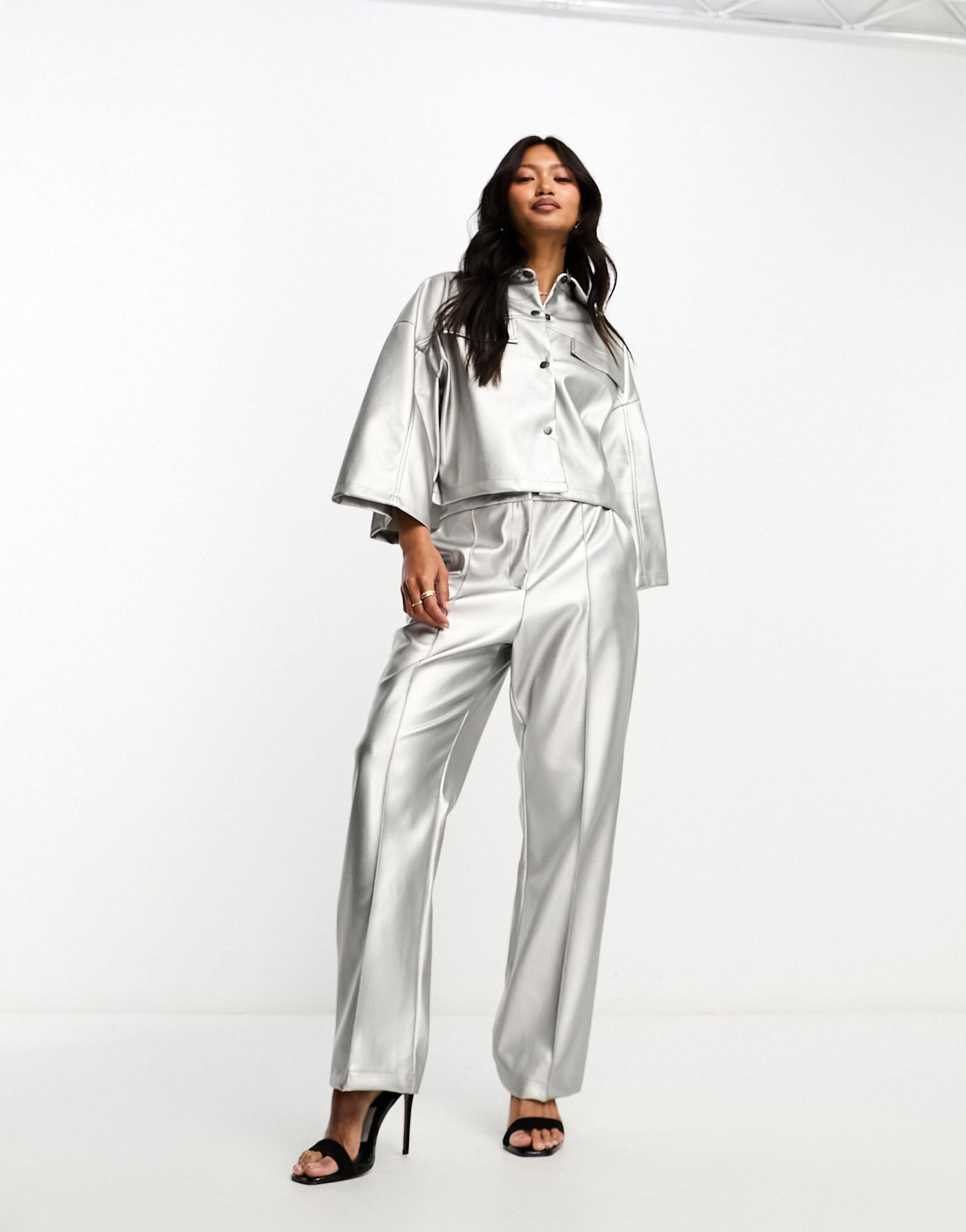 Closet London oversized metallic utility shirt co-ord in silver