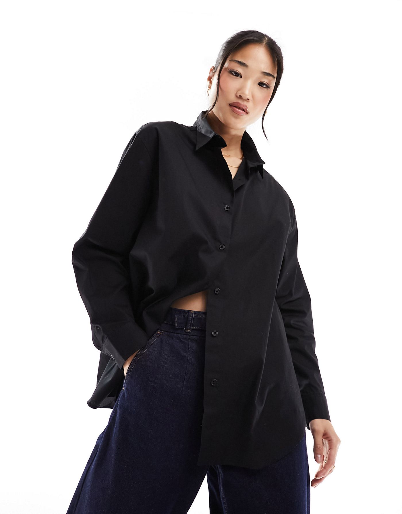 Bershka oversized poplin shirt in black 