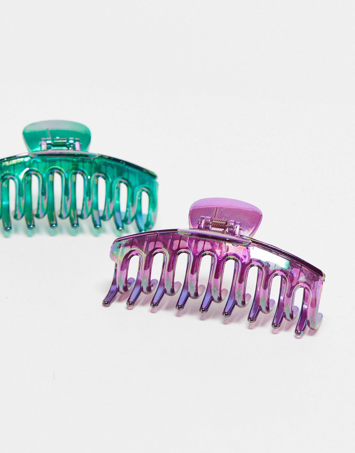 DesignB London iridescent 2 pack of hair claws in purple and green