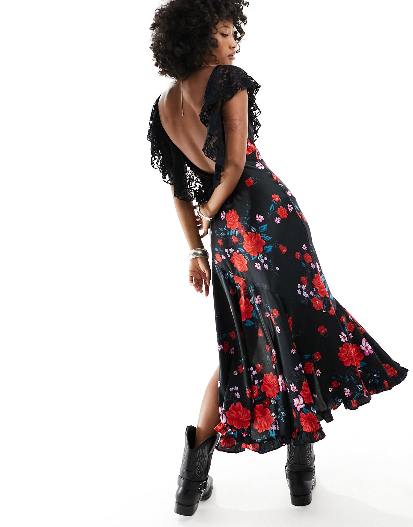 Free People rose bloom print ruffle edged midi dress in black