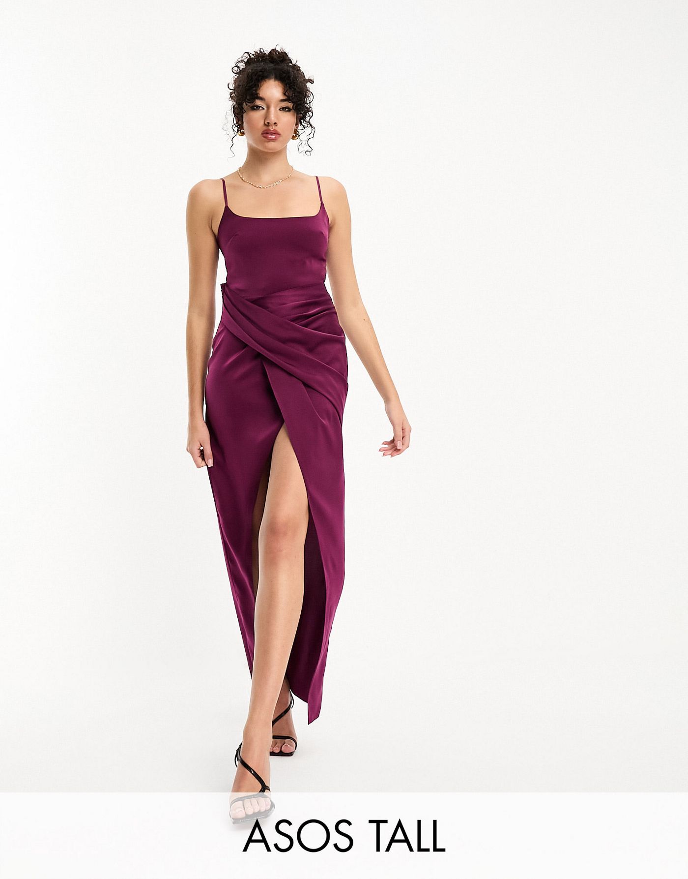 ASOS DESIGN Tall satin cami midi dress with drape skirt in purple