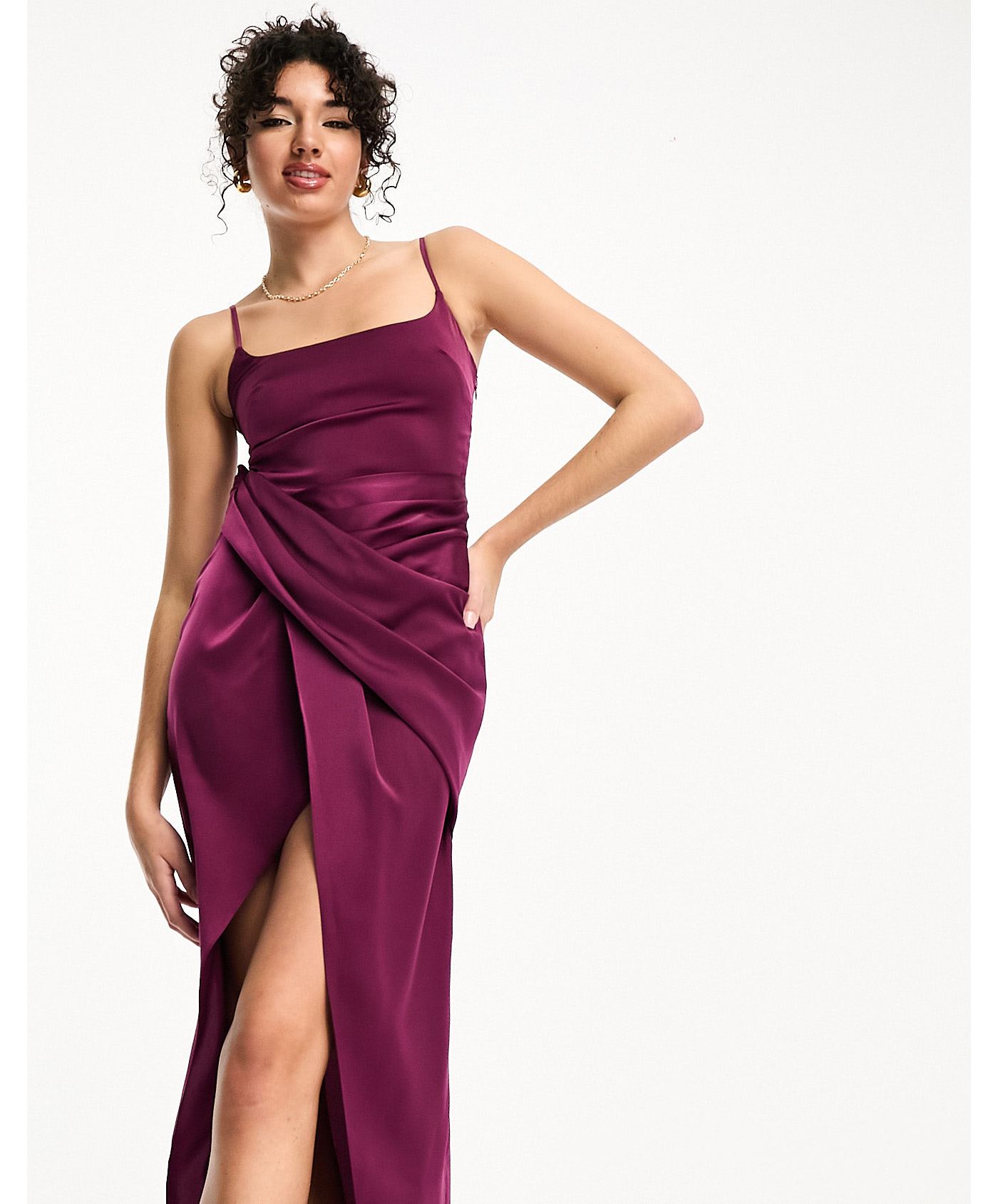 ASOS DESIGN Tall satin cami midi dress with drape skirt in purple